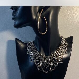 Elegant Silver TIARRA “””Necklace “ Iced crystals *** \  Gold Hoop Earrings